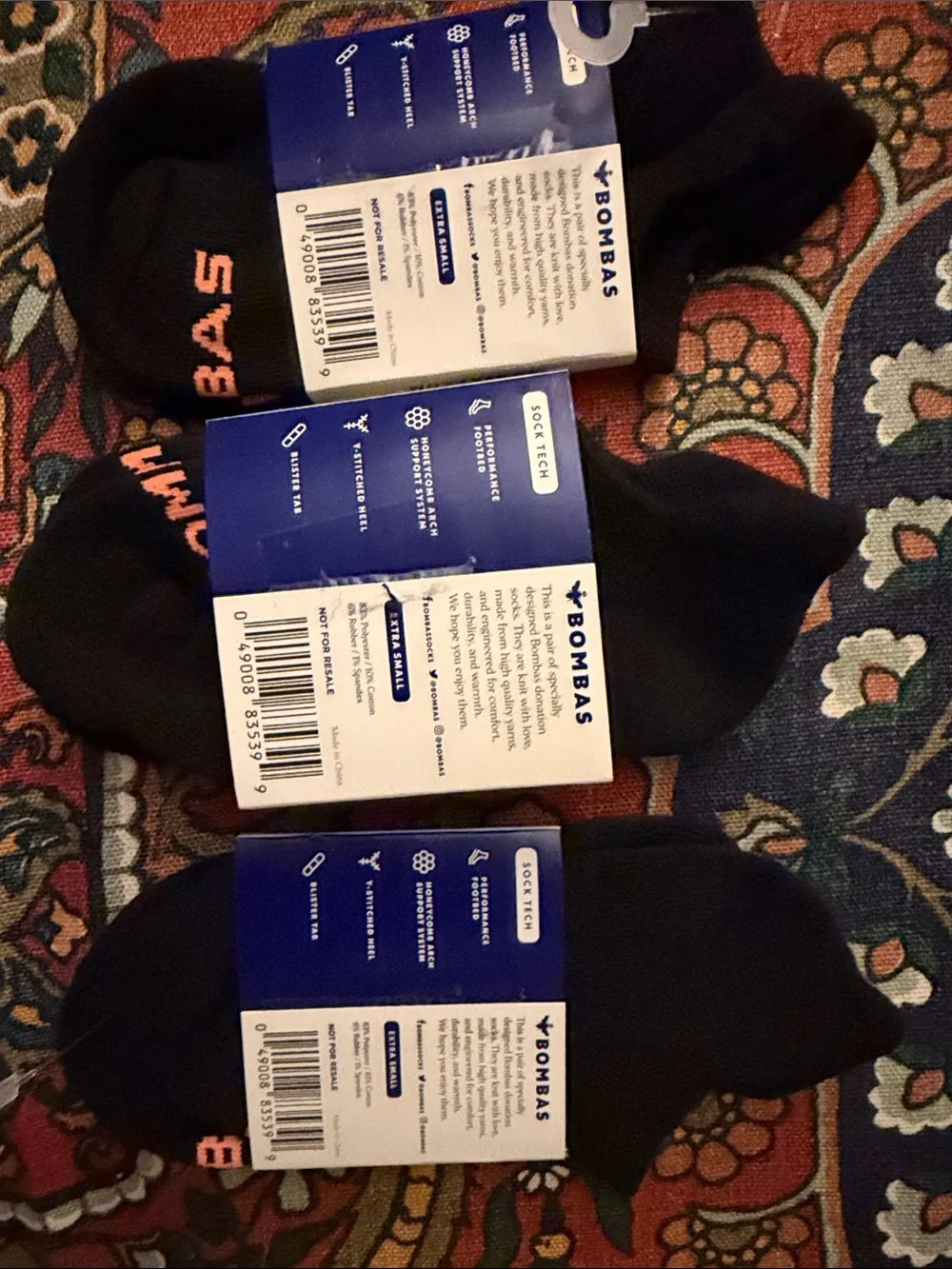 3-pairs Bombas Black Low-Cut Athletic Socks w/ Orange, Blue, and Yellow Accents